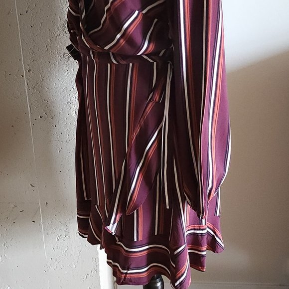 Xhiliration Maroon Striped Wrap Dress with Long Puff Sleeves - Picture 4 of 8